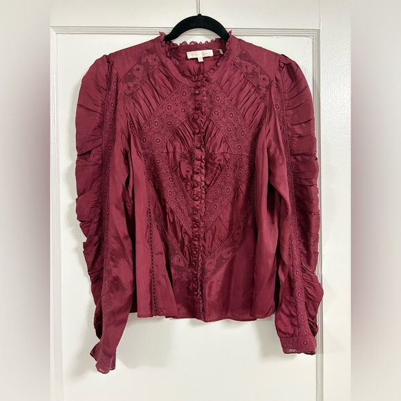 LOVE SHACK FANCY Isaline Button Front Top Size Large in oxblood wine color - Picture 5 of 14
